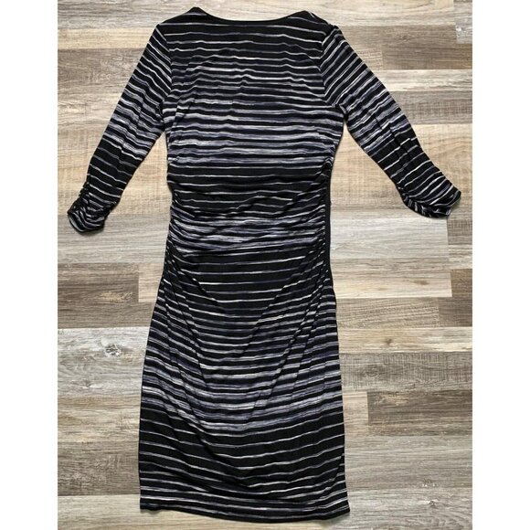 White House Black Market Striped Black Gray Ruched 3/4 Sleeve Dress Square Small - Picture 4 of 16